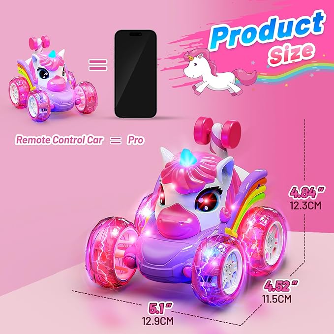 Carsky Remote Control Car RC Stunt Cars for Girl 360°Stunt Rotation 4WD Remote Cars for Kids 3-6 Double Sided RC Car with LED Lights,2.4GHz Electric Toy Car,Birthday Gift for 3 4 5 6 Year Old Girl