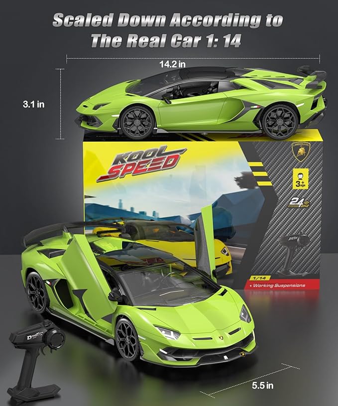 Lamborghini Remote Control Car, Officially Licensed 1:14 Lambo RC Car 7.4V 500mAh with 15km/h Fast Model Car Toys for Adults Boys Girls Birthday Ideas Gift, Green