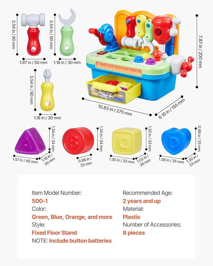 VEVOR Musical Workbench Toy, Sounds & Lights, Musical Learning Workbench for Toddler Age 2 Years and Up, Baby Pretend Play Tool Set, Infant Shape Sorter Activities, Kids Pounding Game, Boys & Girls