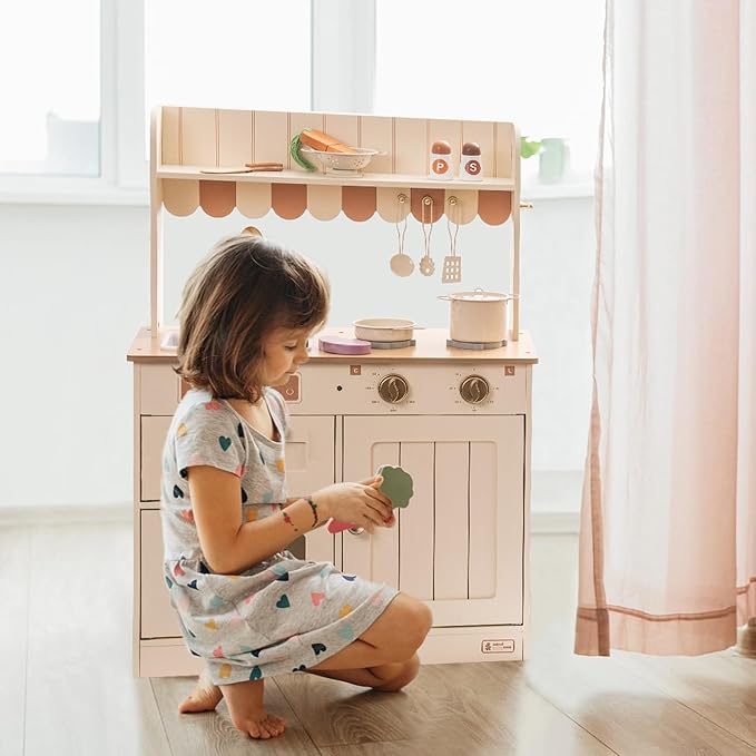 ROBUD Wooden Play Kitchen Set for Kids, Pretend Play Kitchen Toy Set with Golden Faucet, Sink, Oven, Stove, Cabinet, Vintage Style, Gift for Boys & Girls, Ages 3+