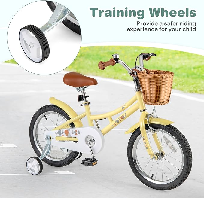 BABY JOY Retro Kids Bike, 12 14 16 18 Inch Child Bike for 3-8 Years Old w/Rattan Basket, Adjustable Height, Training Wheels, Fenders, Handbrake Coaster Brake, 95% Pre-Assembled Kids Bicycle for Girls