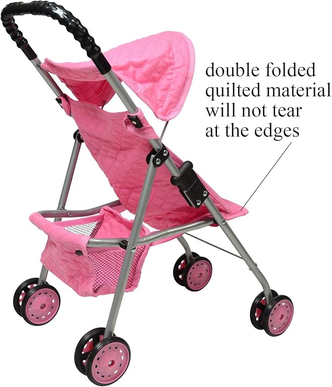 The New York Doll Collection My First Doll Stroller with Basket, Foldable Doll Stroller (Pink Quilted)