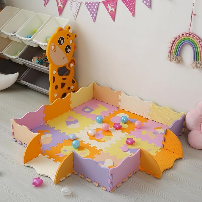 Foam Play Mat for Kids,25Pcs Square Interlocking Puzzle Floor Mat,Baby Play Mat Floor Mat Foam Puzzle Playmat for Toddlers with Fence(Comprehensive-CSH013