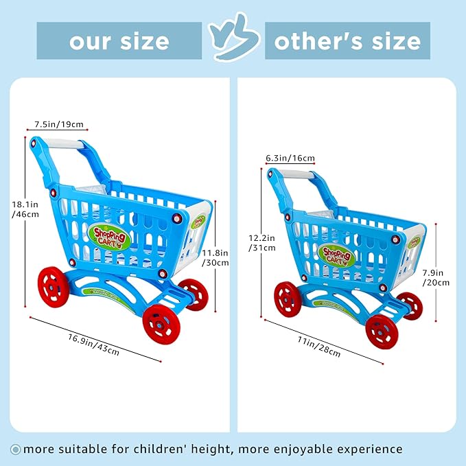 deAO Kids Shopping Cart Trolley Play Set Includes Over 70 Grocery Food Fruit Vegetables Shop Accessories Play Food Role Play Educational Toy (Blue)