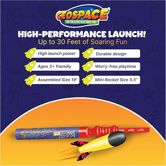 Geospace Hand Held Pump Rocket Mini Size (Single Pump) – Flying Foam Rockets Outdoor Toys for Kids, Boys & Girls – 19" Rocket Set – Hand Stomper Rockets Toy - Cool Toys for Fun