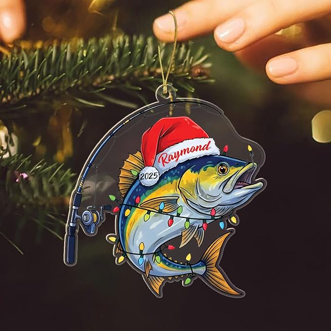 Personalized Year & Name Fishing Lover Christmas Tree Ornament Gifts for Men Dad Grandpa Uncle Husband, Customized Fishing Player Christmas Ornament Decor, Novelty Fish Shaped Xmas Ornaments 2025