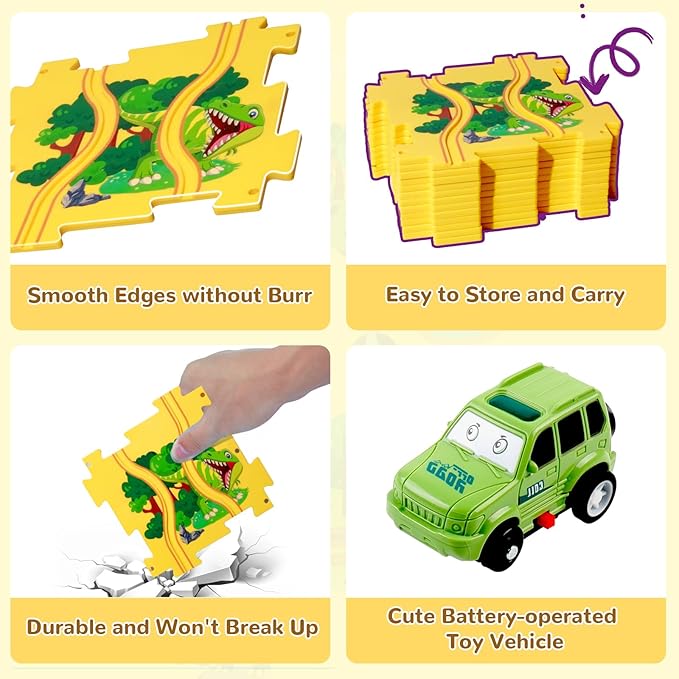 Plastic Dinosaur Puzzles for Kids with A Cute Car, Montessori Toys for 2 3 4 5 6 Year Old Boys, Race Tracks for Kids 3-5, Toddler Puzzle Track Play Set, Gifts for 2 3 4 5 6 Year Old Boys Toys