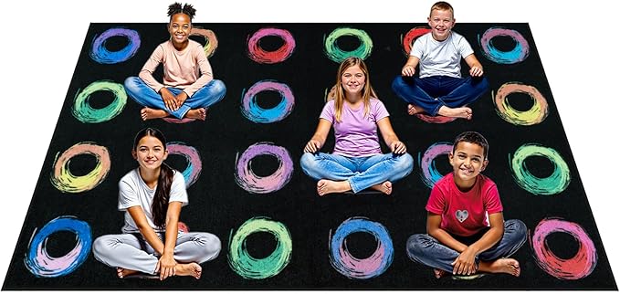 STARUIA Educational Large Carpet Classroom Rug for Kids Room, 6x8.4 Abstract Black Area Rug with Colorful Handpainted Circles, Stain-Resistant High-Traffic Kids Rugs for Playroom Elementary