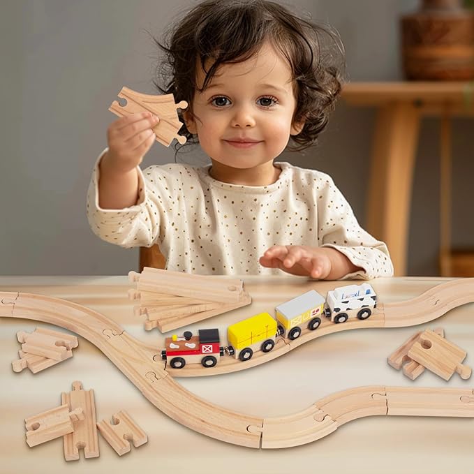 Wooden Train Tracks 24 Piece Set, Track Expansion and 9 Distinct Pieces - 100% Compatible with All Major Brands Including Thomas Wooden Railway System
