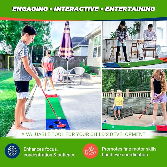Portable Kids Pong Putting Game Set Mini Golf for Kids Fun Yard Game - Adjustable Putters, Quality Base, Real Golf Balls Perfect for Family Competitions