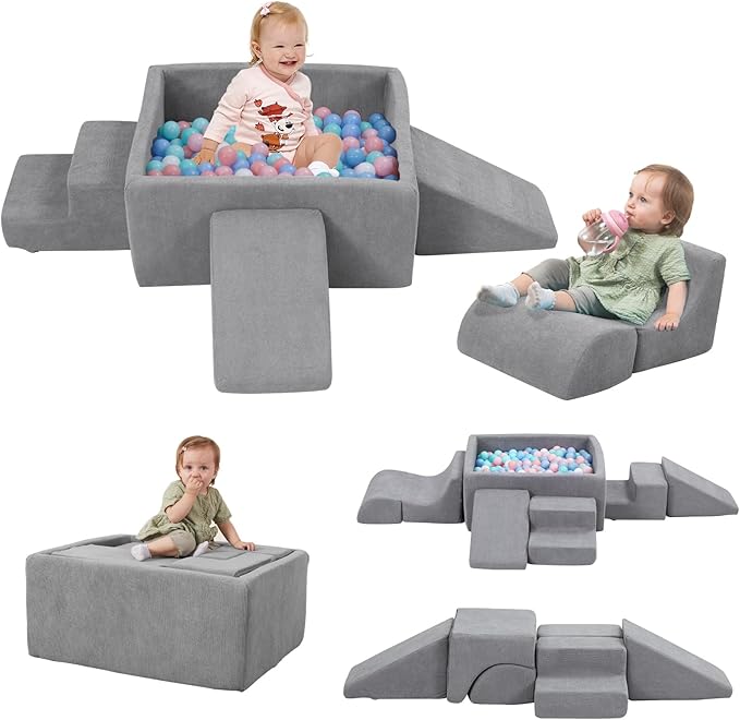 Baby Climbing Blocks with Ball Pit,6PCS Foam Climbing Toys for toddlers 1-3 Inside,Soft Crawl & Climb Activity Play Set Indoor,Modular Structure Washable Play Equipment,Gray(Balls Not Included)