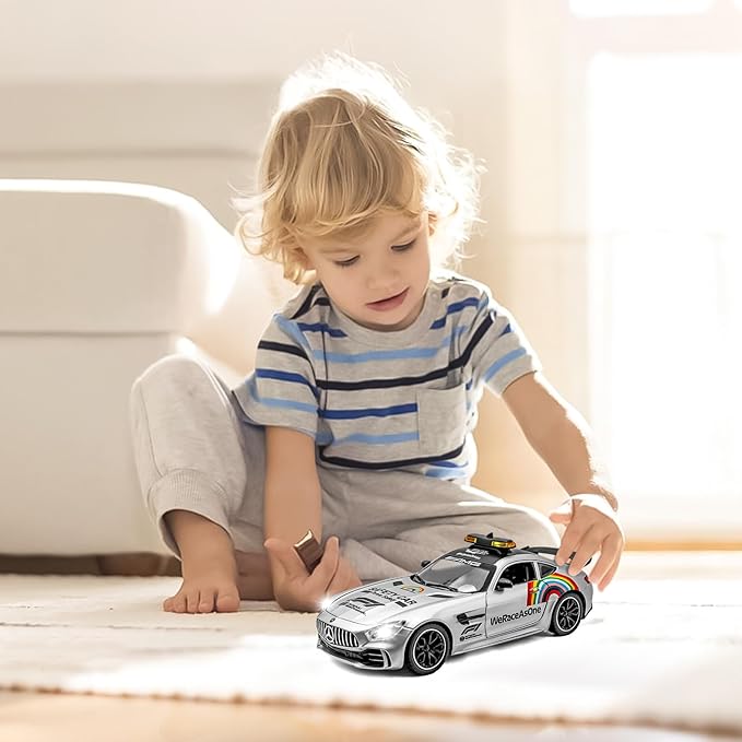 1/24 Diecast Metal Toy with Lights and Sounds, Mini Vehicles Toys Race Cars for Kids, Ages 3 and Up (Silver)
