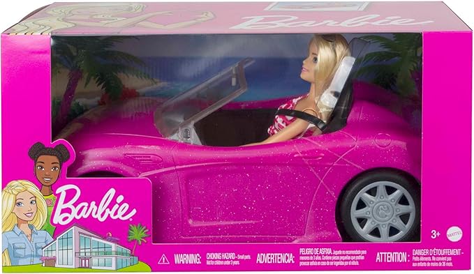 Barbie Doll & Car Playset, Sparkly Pink 2-Seater Toy Convertible with Glam Details & Fashion Doll in Sundress & Sunglasses (Amazon Exclusive)