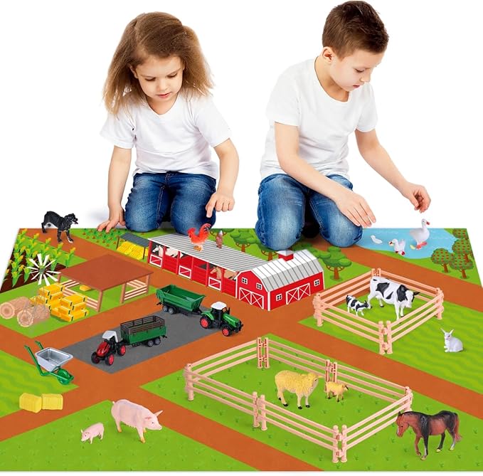 Farm Toy Set and Kids Activity Play Mat with Tractors, Animals, and Large Playmat Farm, Interactive Early Learning Toys for Toddler Boys and Girls - Great Gift for Birthday and Christmas