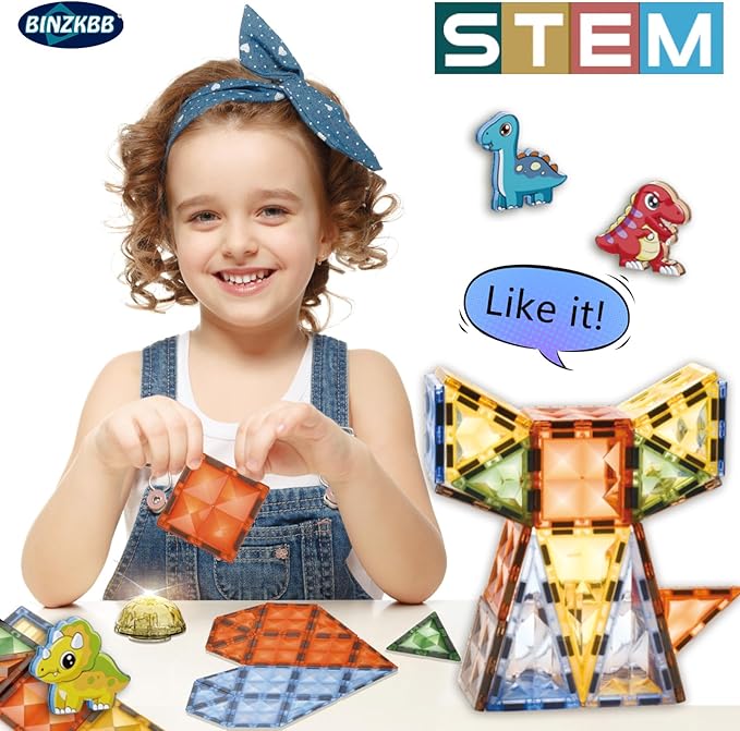 BINZKBB Magnetic Tiles Building Blocks,Lighted 3D Clear Educational STEM Construction Set,Preschool Sensory Magnet Dinosaur Creativity Toys for Kids Age 3 4 5 6 8+ Years Old Girls Boys Toddlers