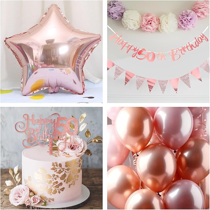 50th Birthday Decorations for Women, Retro Pink Beige Number 50 Balloon Set Happy 50th Birthday Banner Cake Topper Dusty Pink Beige Rosegold Star Balloons for Her 50 Year Old Bday Party Decor