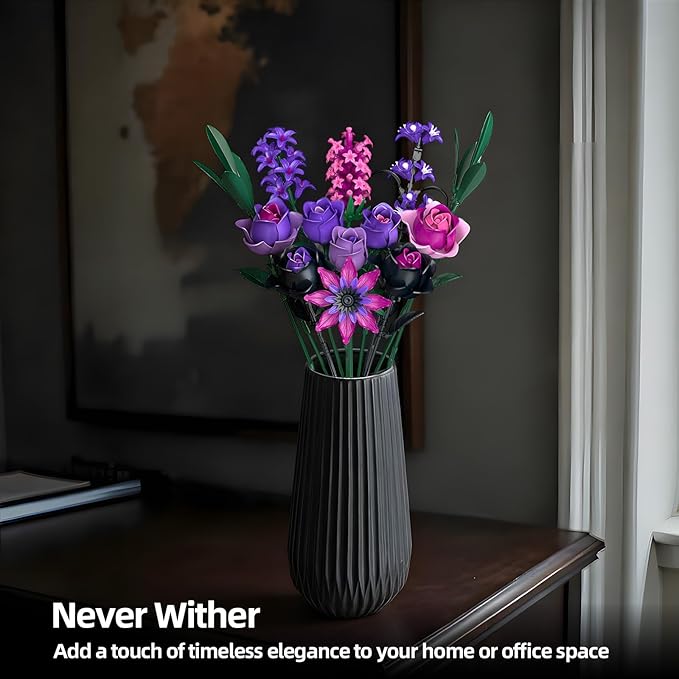 Purple Rose Bouquet Building Set - Compatible with Lego Flowers for Adults Women - Gothic Home Office Table Centerpiece Decor, Halloween Christmas Valentine's Gift