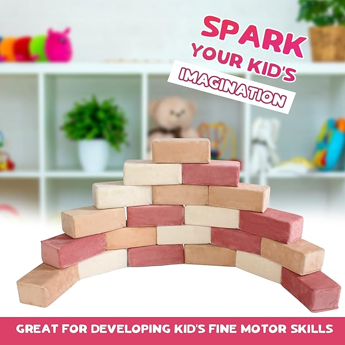 Set of 24 Soft Building Blocks for Kids - Fabric Covered Toy Foam Blocks for Stacking, Play Time, Making Structures - Promotes Gross Motor Skills - 8.25x4.25x3 (Rose Pack)