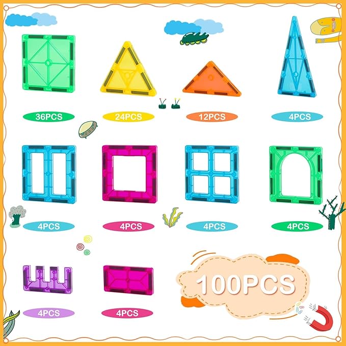 Magnetic Tiles, Magnet Tiles, 100 Pcs Magnetic Building Blocks No Cars, Square Building Castle, Preschool Toys, STEM Stacking Construction Montessori Toys for Kids