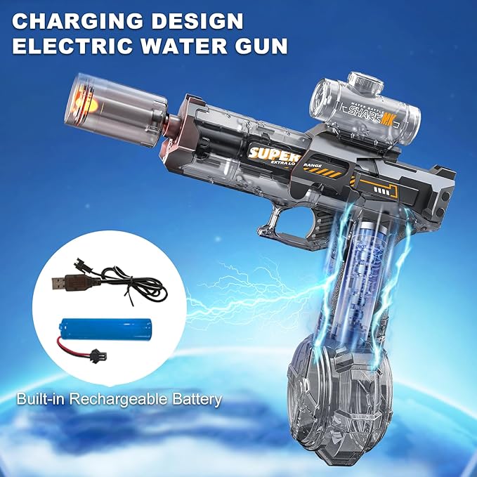 Electric Water Gun for Adults Kids, Automatic Squirt Watergun Pistol with Led Lights, Summer Outdoor Pool Beach Party Toys, Black