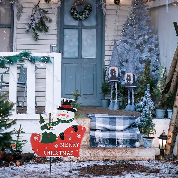 YEAHOME Outdoor Christmas Decorations, Metal Snowman with Sleigh Decorative Garden Stakes for Outdoor Yard, Merry Christmas Signs for Outside Porch Lawn Pathway Xmas Decor