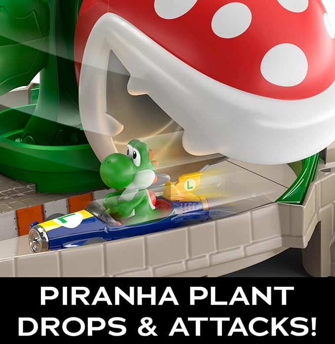 Hot Wheels Mario Kart Track Set & Toy Car, Piranha Plant Slide Playset with First-Appearance Yoshi Kart Vehicle & Gravity Launcher
