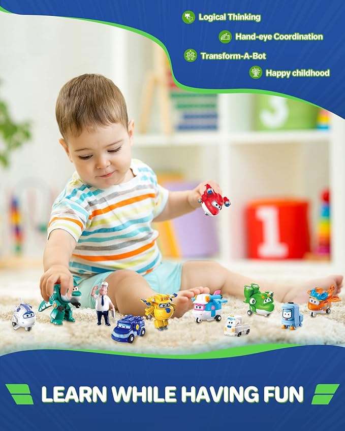 Super Wings 15-Pack Transforming Toys 2 inch Airplane Robot Mini Action Figures with Real Mobile Wheels for Kids 3 4 5 6 7 8+ Birthday Party Supplies for Preschool Boys and Girls