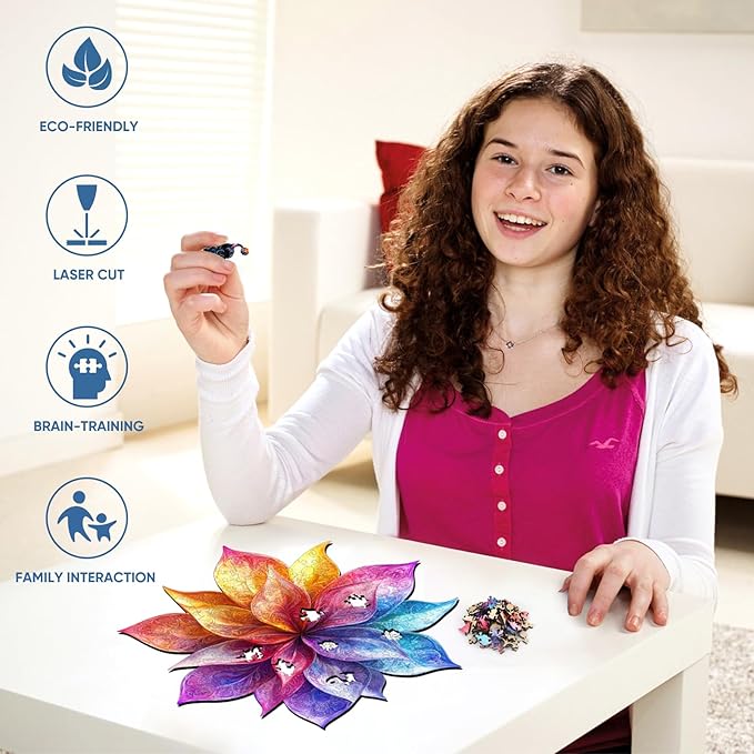 Colorful Flower 200 Pieces Wooden Jigsaw Puzzles for Adults with Unique Irregular Shape Fun Challenging Puzzles for Kids and Couples on Birthday, Father's Day, Christmas 13"*13"