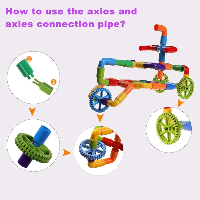burgkidz STEM Learning Pipe Tube Construction Building Blocks, Sensory Toys with Wheels Baseplate for All Ages Kids Boys Girls, 188 Pcs