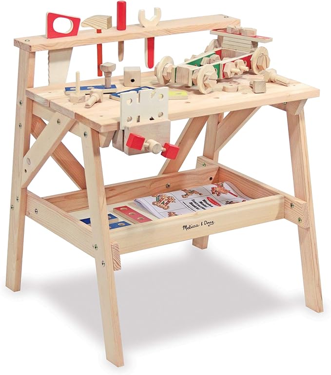 Melissa & Doug Solid Wood Project Workbench Play Building Set - STEAM Toy, Wooden Kids Work Bench, Toy Tool Bench