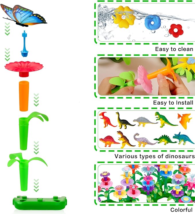 Birthday Toys Gifts for Toddlers Boys Girls Age 2 3 4 5 6,167 PCS Dinosaur Flower Garden Building Blocks,STEM Fine Motor Skill Stacking Games, Birthday Gifts for Preschool Kids 2+ Years Old