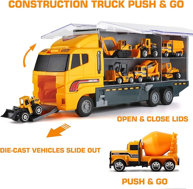 19 in 1 Construction Truck with Engineering Worker Toy Set, Mini Die-Cast Engine Car in Carrier Truck, Double Side Transport Vehicle Play for Child Kid Boy Girl Birthday Christmas Party Favors