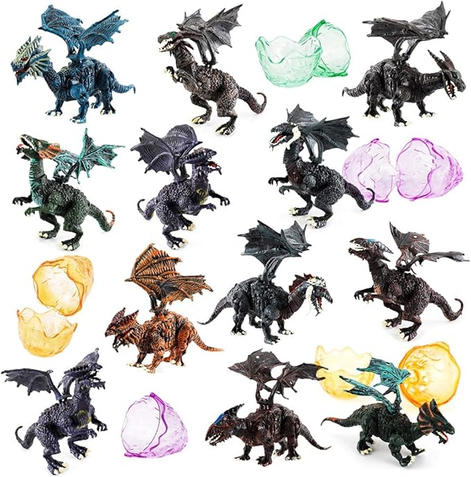 Liberty Imports 12 Pack Deluxe 3D Action Figures Realistic Figurine Puzzles in Jurassic Hatching Eggs - Ideal Kids Toy Party Favors Bulk Supplies (Dragons)