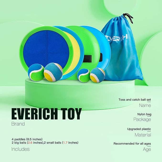 EVERICH Upgraded Toss and Catch Ball Game Set - Indoor and Outdoor Games for Kids 3-12, Beach Sand Pool Water Toy Includes 4 Paddles 4 Sticky Balls, Great Birthday Easter Gifts for Boys Girls