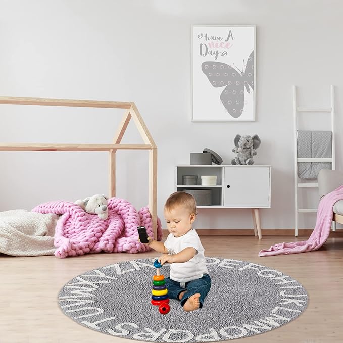 ABC Kids Rug Alphabet Educational Area Rugs for Infant Toddlers - Soft Playtime Collection, Learning & Game Round Carpet for Bedroom Playroom Nursery, Best Shower Gift (59", Grey White)