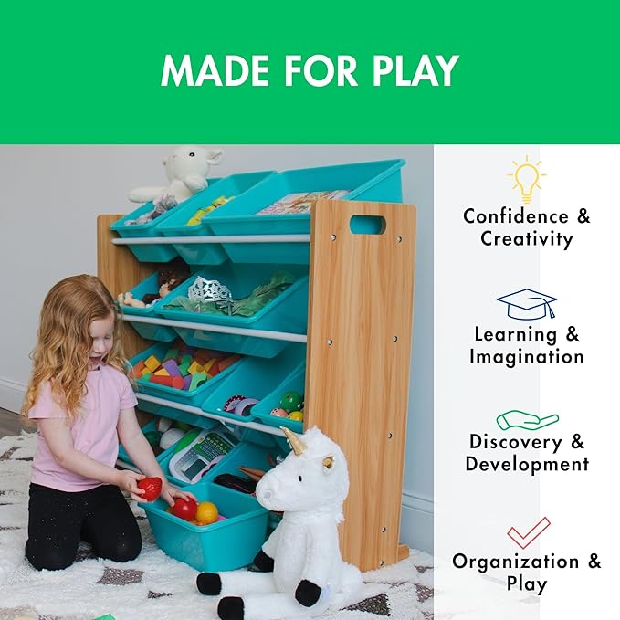 Humble Crew, Natural Wood/Aqua 12 Bin Toy Storage Organizer