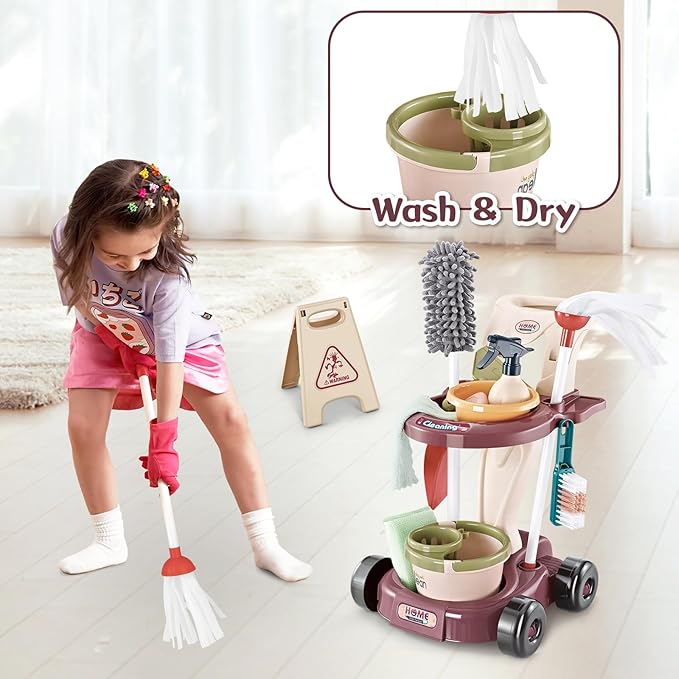 deAO Kids Cleaning Set,Pretend Play Detachable Housekeeping Cart with Broom,Dust Pan,Spray Bottle Children House Cleaning Tools Toys,Educational Toddler Cleaning Carts