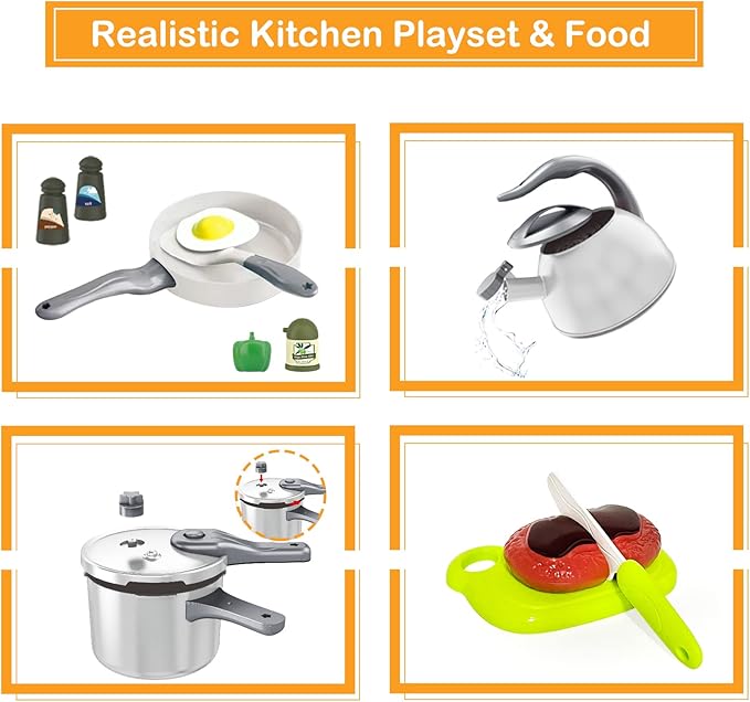 Bruvoalon 67Pcs Kids Play Kitchen Toys Set, Toddlers Pretend Cooking Playset Acccessories with Pots Pans, Utensils Cookware, Foods, Canned Veges, Learning Gift for Kids Girls Boys (White)