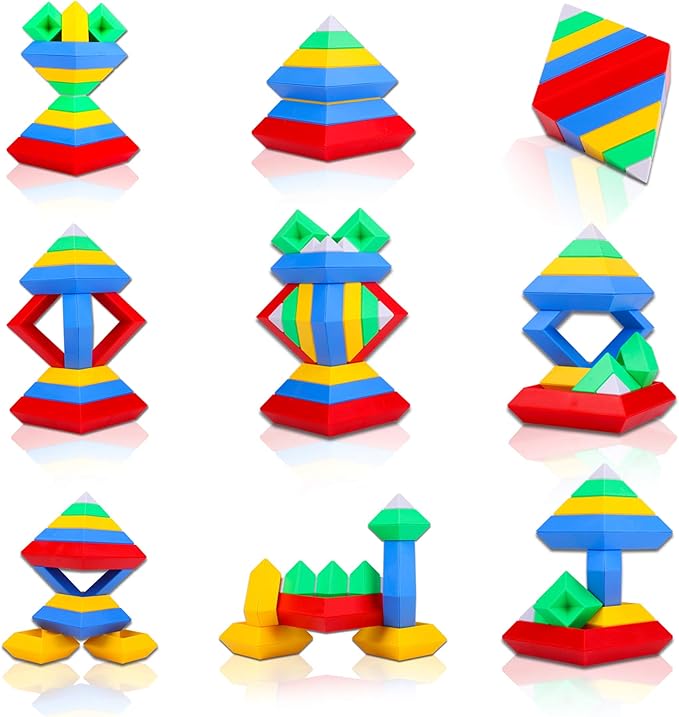 Slyder Set: 60 Pieces 3D Pyramid Building Blocks, Geometric Stacking Toys for Kids Ages 4+ - Creative Early Childhood STEM Educational Toys for Preschool Boys and Girls