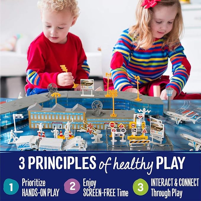 200 PCS Airport Terminal Kids Toys Deluxe Airlines Pretend Playset with Airplanes, Vehicles, Figures, Accessories, Play Mat