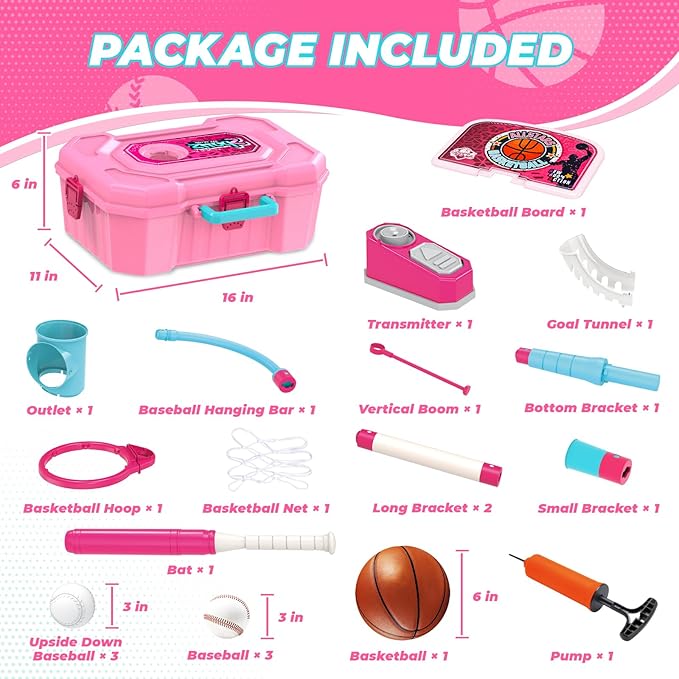4-in-1 Toddler Basketball Hoops and T-Ball Set, Height Adjustable Kids Basketball Hoops, Baseball Launcher, Indoor/Outdoor Hanging T-Ball Baseball Toys for Boys and Girls Ages 3+(Pink)