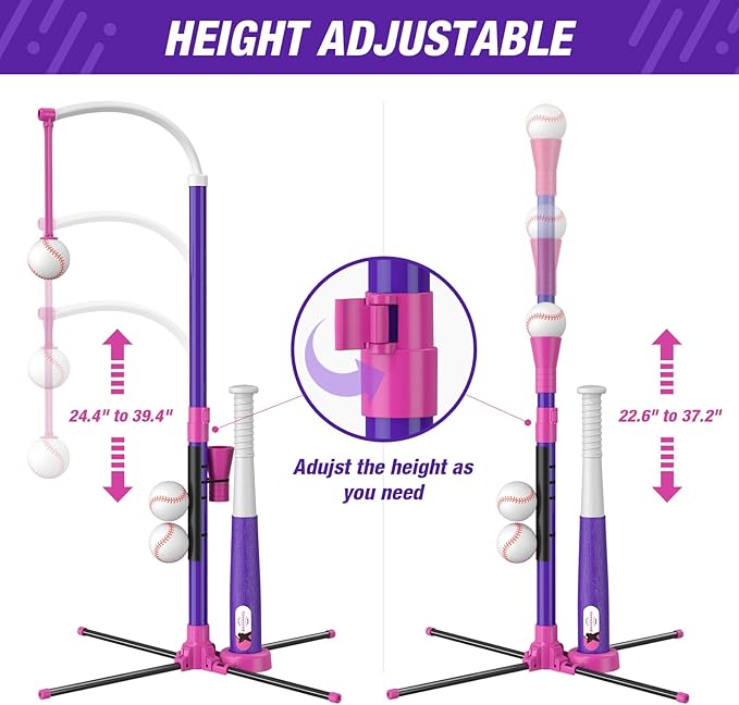 Baseball Set - 3 Ways to Play, Adjustable Height, Easy to Assemble, Safe & Sturdy, Ideal Sport Gift for Kids