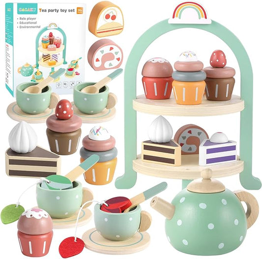 GAGAKU Wooden Tea Set for Little Girls Tea Set for Toddler Food Pretend Play Accessories Kids Kitchen Playset Tea Set for Toddlers