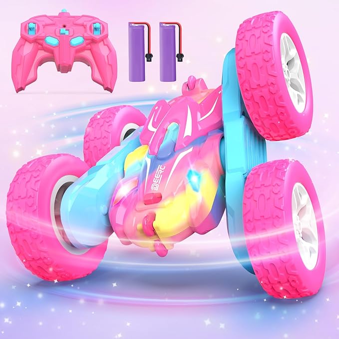 DEERC Rainbow Remote Control Car for Girls, Pink RC Cars Toy with LED Lights, 2.4 GHZ Double Sided RC Stunt Drift Car 360°Rotating, All Terrain RC Crawler Gift for Kids, 40+ Mins Running Time