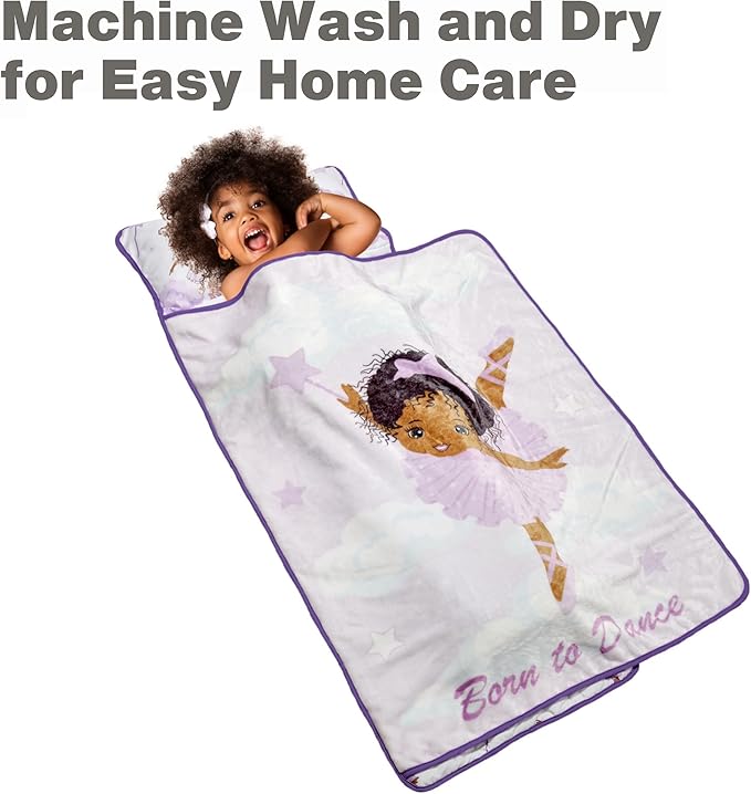 EVERYDAY KIDS Toddler Nap Mat with Removable Pillow - Born to Dance African American Ballerina - Carry Handle with Straps Closure, Rollup Design for Preschool, Daycare, Sleeping Bag - Ages 2-6 Years
