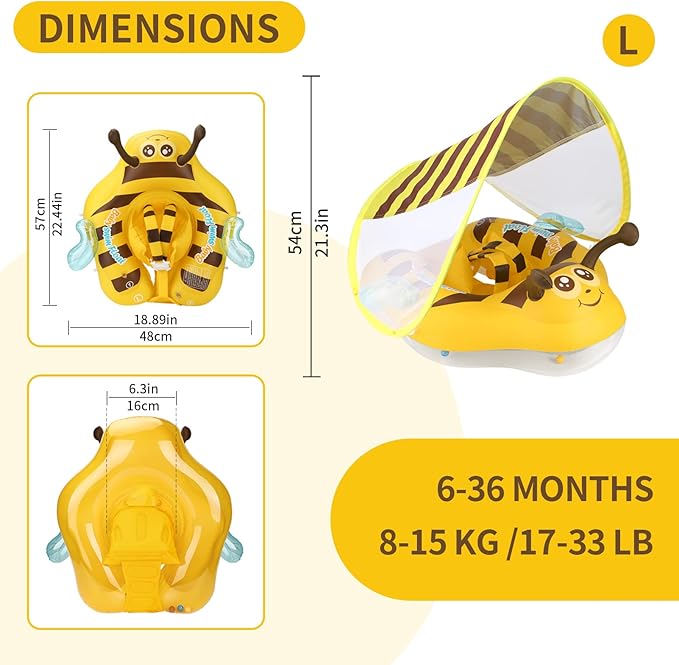 Free Swimming Baby Inflatable Baby Pool Float Ring Size Improved Bumble Bee Toddler Swim Trainer for Age of 3-36 Months (Yellow, Large)
