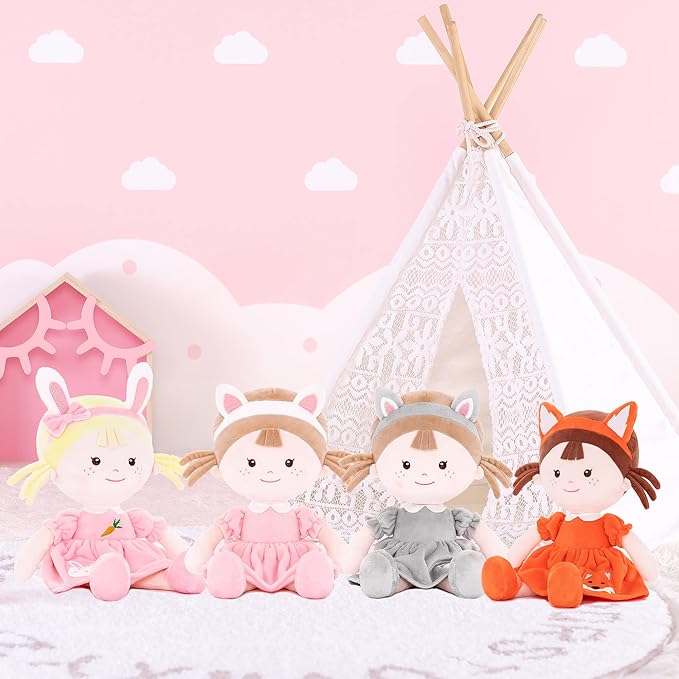 Onetoo First Baby Dolls Cuddle Soft Doll Baby Dolls Plush Rag Doll Wear Kitty Costume PinkDress 14"(Milly Series)