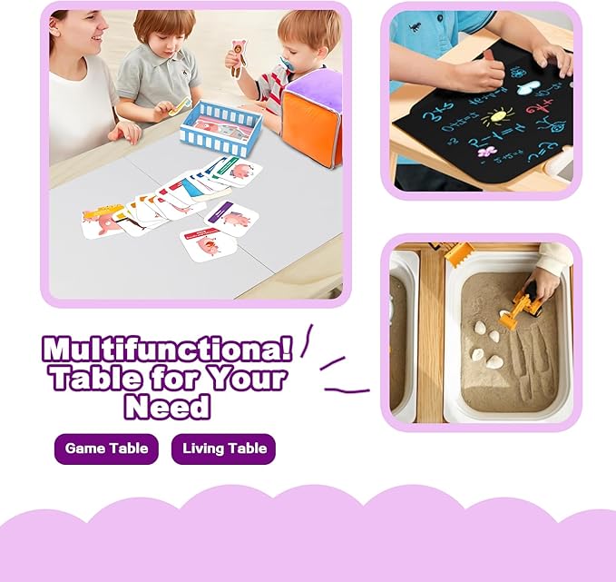 Kids Sensory Bins Table with 2 Stool, Multifunctional Children Interactive Activity Wooden Table Set for 1-3 Years, Drawing Table Play Sand & Water Table with Storage Bins Lid