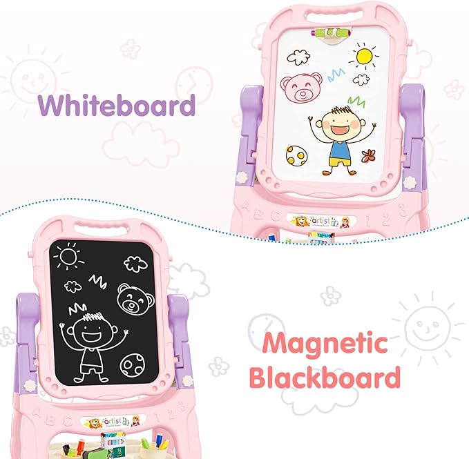 Amagoing Easel for Kids, Adjustable Standing Art Easel for Toddler, Double Side Magnetic Chalk Board with Painting Accessories, Birthday Christmas Gift for Little Boys and Girls, Middle Size Pink