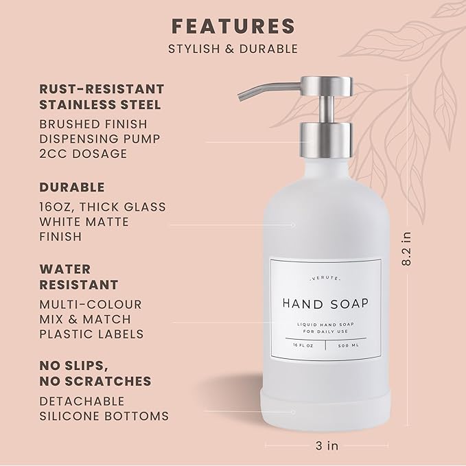 16oz Glass Soap Dispenser with Stainless Steel Pump, 21 Waterproof Labels, Non-Slip Protective Silicone Pad, Set of 2 for Bathroom & Kitchen (Matte White Bottle/Brushed Silver Pump)